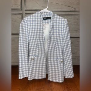 NWOT Zara Baby Blue and White Houndstooth Blazer XS
